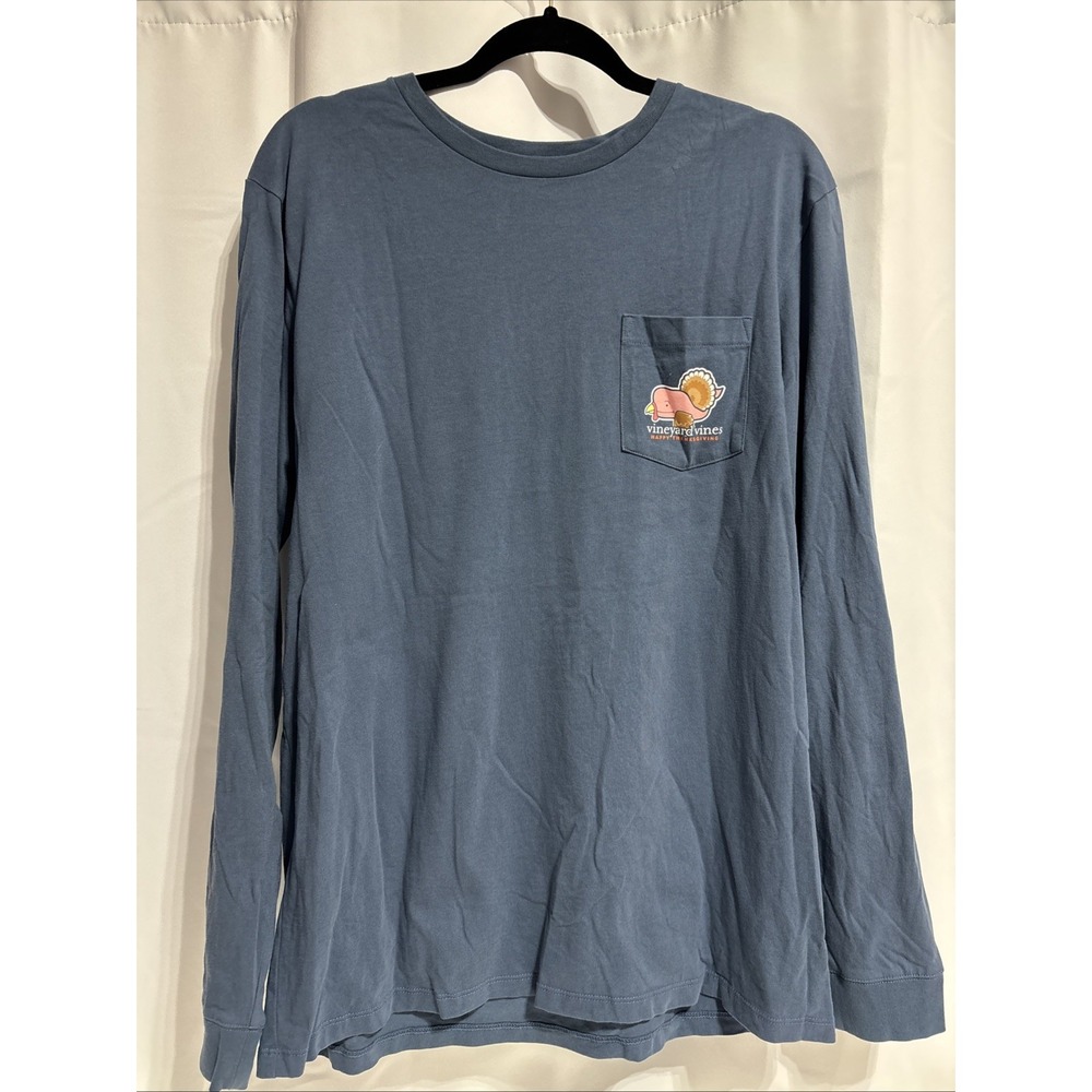 Vineyard Vines‎ Shirt Medium Thanksgiving Whale Long Sleeve Blue Pocket Crew